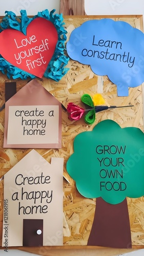 several motivational and inspiring messages arranged on a wooden panel,encouraging self-love, lifelong learning, creating a happy home and growing your own food.