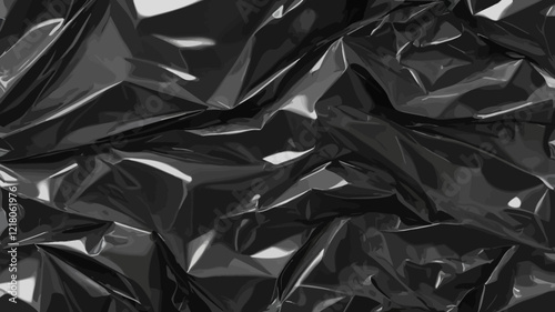 Rendered collage of black cellophane plastic foil texture. Background for banner, background or texture for 3D mapping