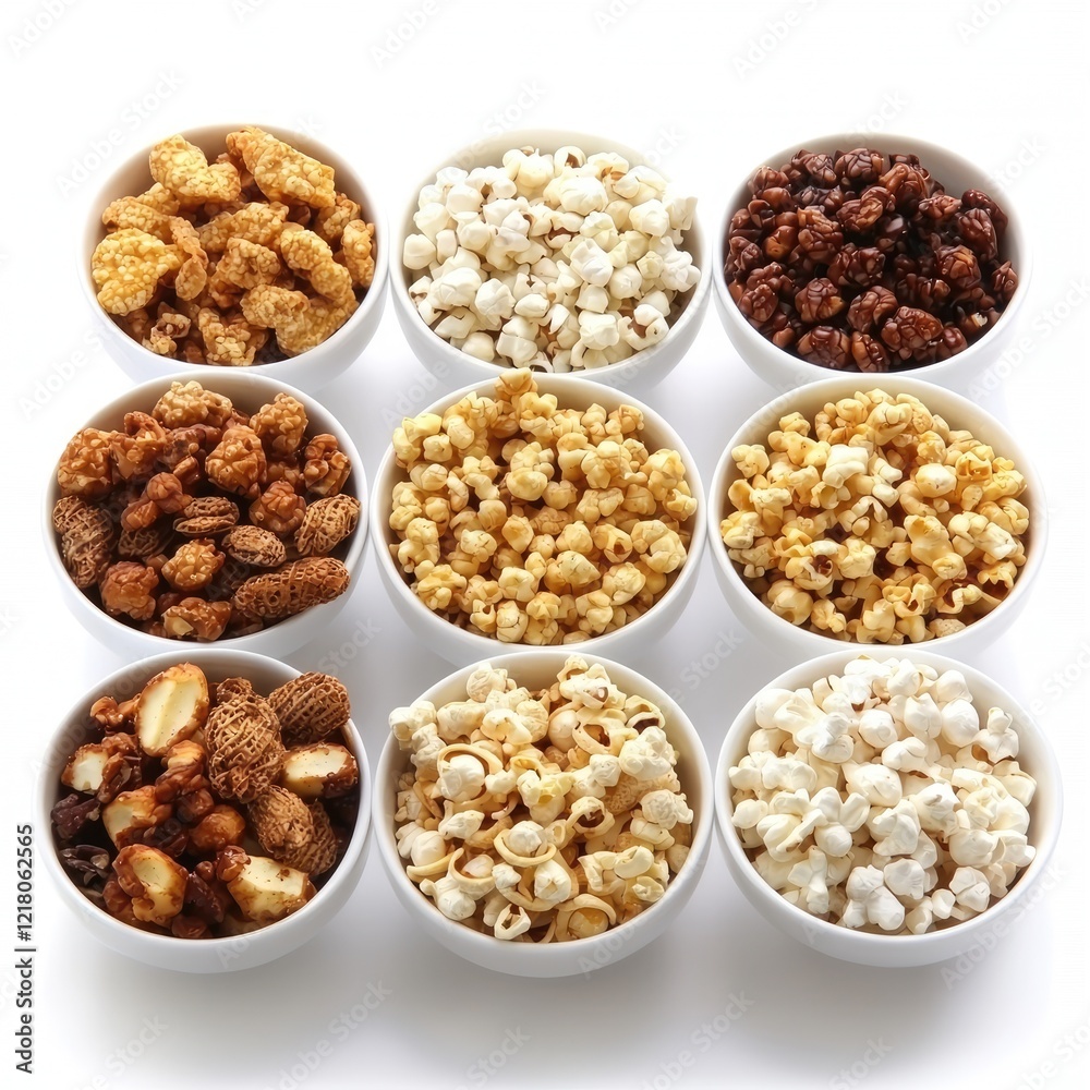 Nine bowls of popcorn varieties; studio shot. Use food blog, recipe Nine bowls of popcorn varieties; studio shot. Use food blog, recipe