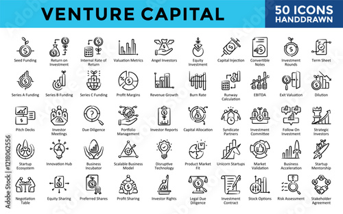 Venture Capital icons set with seed funding, return on investment, internal rate of return, valuation metrics, angel investors, equity investment, capital injection icon. Simple handdrawn vector 
