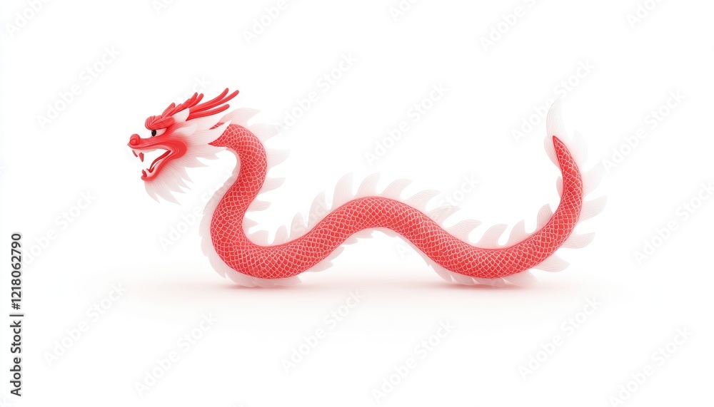Obraz premium A vibrant red dragon figurine gracefully coiling on a white background, symbolizing strength and prosperity