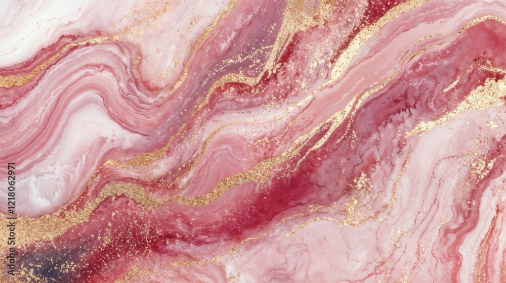 Pink marble texture with flowing gold streaks and red accents creating a luxurious design. branding materials, decorative designs, and modern art.Luxury. Sophistication. The timeless elegance of flui

