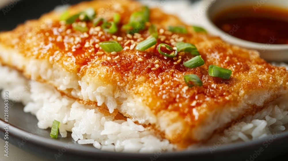 Close-up of a fluffy, golden omelette resting on a bed of white jasmine rice, with crispy edges and soft texture, garnished with chili sauce on the side. Close-up of a fluffy, golden omelette resting on a bed of white jasmine rice, with crispy edges and soft texture, garnished with chili sauce on the side.