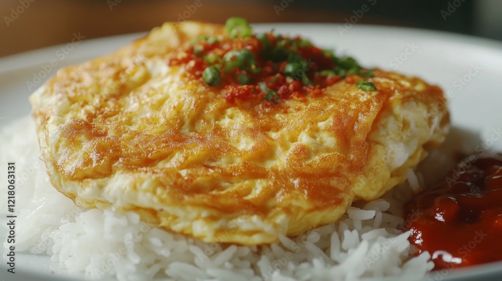 Close-up of a fluffy, golden omelette resting on a bed of white jasmine rice, with crispy edges and soft texture, garnished with chili sauce on the side. Close-up of a fluffy, golden omelette resting on a bed of white jasmine rice, with crispy edges and soft texture, garnished with chili sauce on the side.
