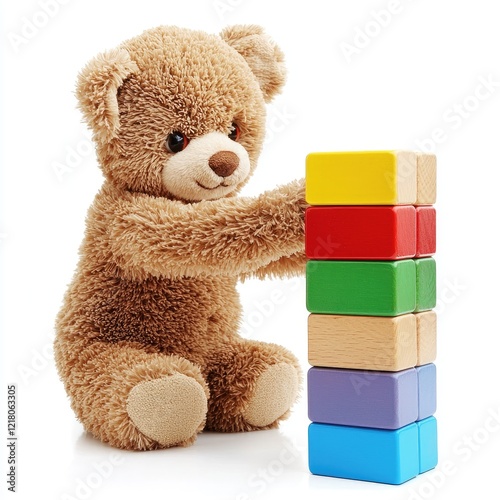 Teddy bear building colorful blocks; white background; child's play; education photo