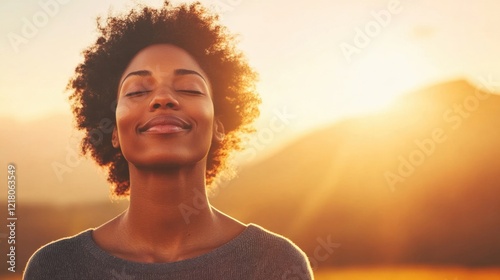 Fototapeta Naklejka Na Ścianę i Meble -  A woman with natural hair smiles serenely with her eyes closed, enjoying the calming atmosphere of a sunset in nature