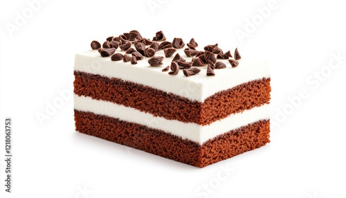 Delicious chocolate cake with creamy layers and chocolate chips on top, perfect for dessert