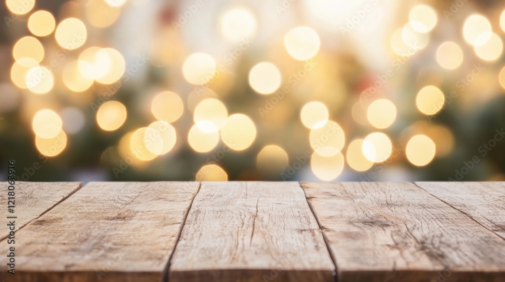 A rustic wooden table sits in focus, complemented by a warm bokeh light background, perfect for festive occasions and gatherings A rustic wooden table sits in focus, complemented by a warm bokeh light background, perfect for festive occasions and gatherings