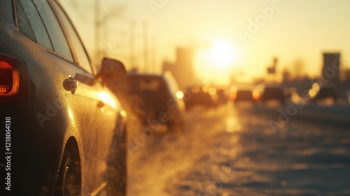 Long line of cars idling in heavy traffic as the sun sets, creating a warm glow and emitting visible exhaust in a city environment photo