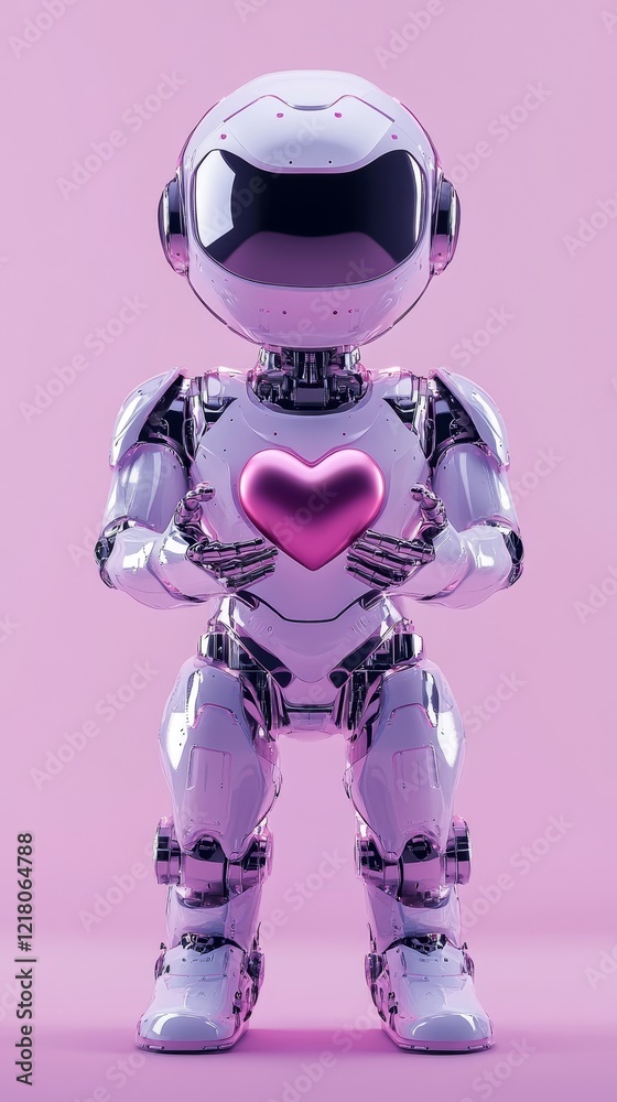 Fototapeta premium Futuristic Love Robot Holding Heart And Reaching Out On Lilac Background, With Space For Text