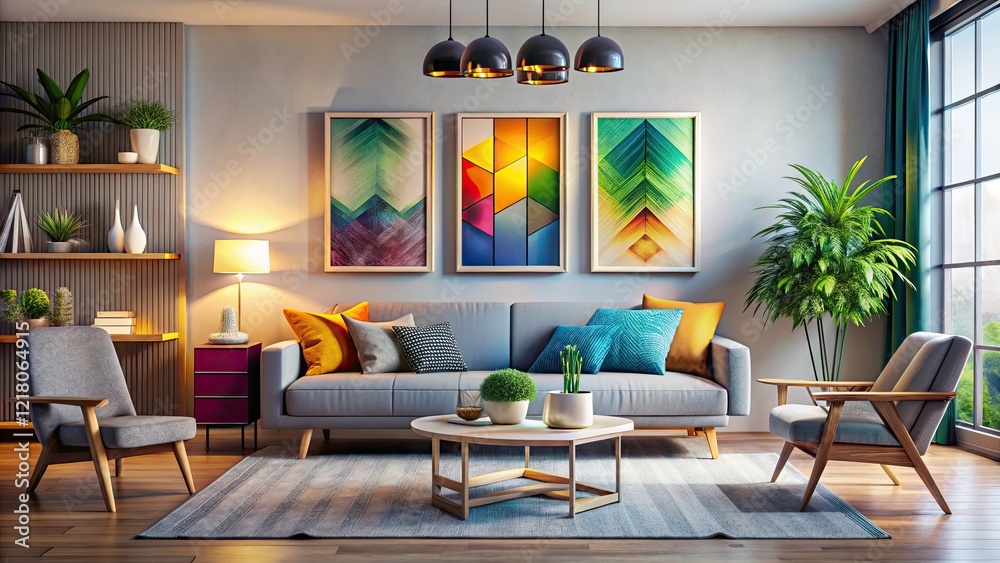 Fototapeta premium Modern Interior Design with Tilt-Shift Photography, Stylish Living Room Decor, Mockup Frame Wall Poster, Periodic Symbols, Home Aesthetics, Contemporary Style, Elegant Spaces, Interior Inspiration