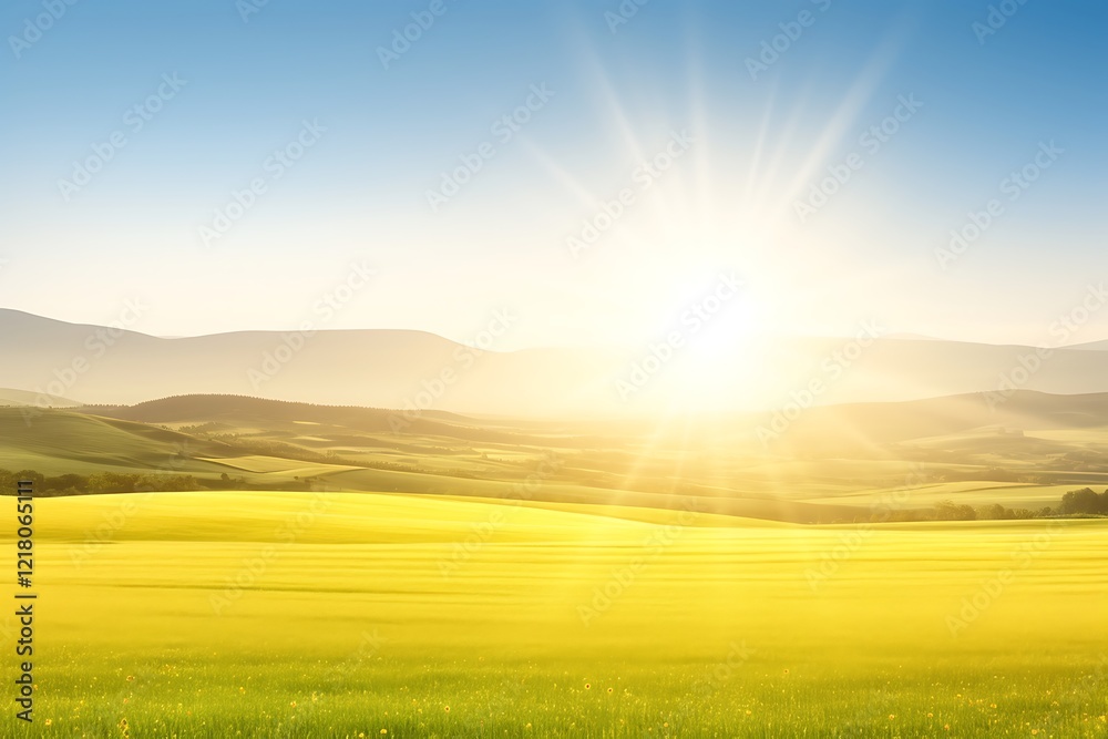 Fototapeta premium Sunny day over rolling yellow fields and distant mountains.