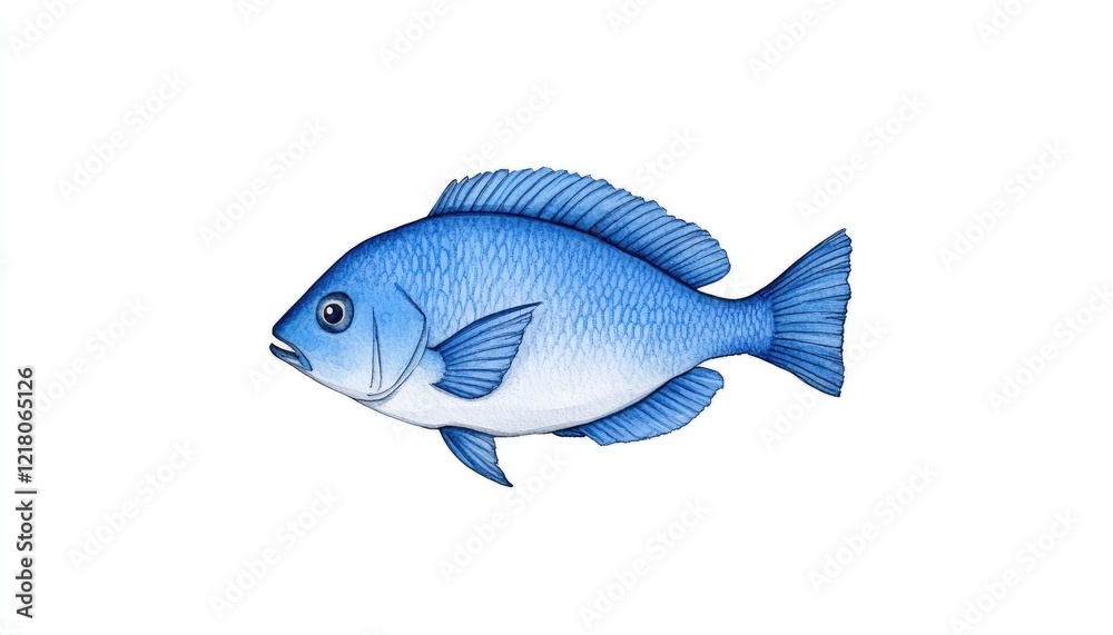 Detailed illustration of a blue fish swimming gracefully against a plain white background Detailed illustration of a blue fish swimming gracefully against a plain white background