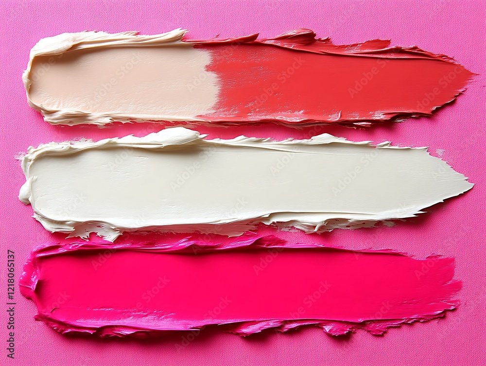 Obraz premium Three swatches of lipstick in nude, off-white, and fuchsia on pink background.