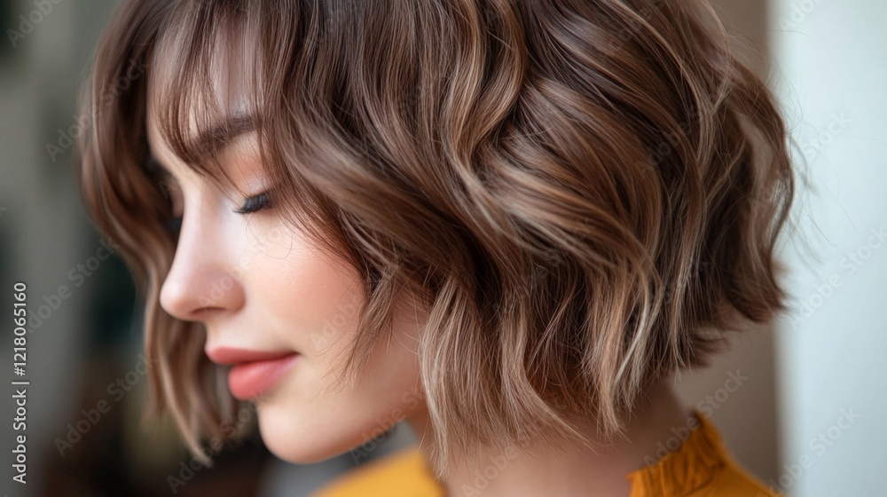 Close-up of a womans hair styled in a chic bob with soft, tousled waves, showcasing the modern and fashionable look. Close-up of a womans hair styled in a chic bob with soft, tousled waves, showcasing the modern and fashionable look.