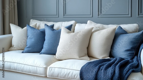 Cozy living room sofa with blue and beige pillows