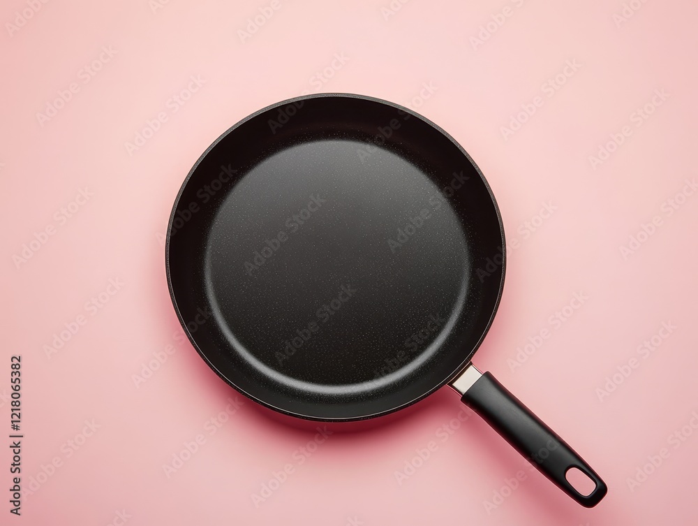 Top view of empty black frying pan on pink background. (1) Top view of empty black frying pan on pink background. (1)