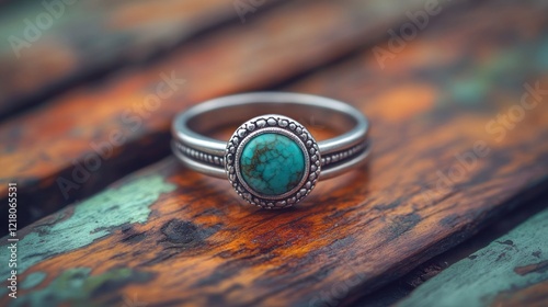 Silver ring with turquoise gemstone on rustic wood.