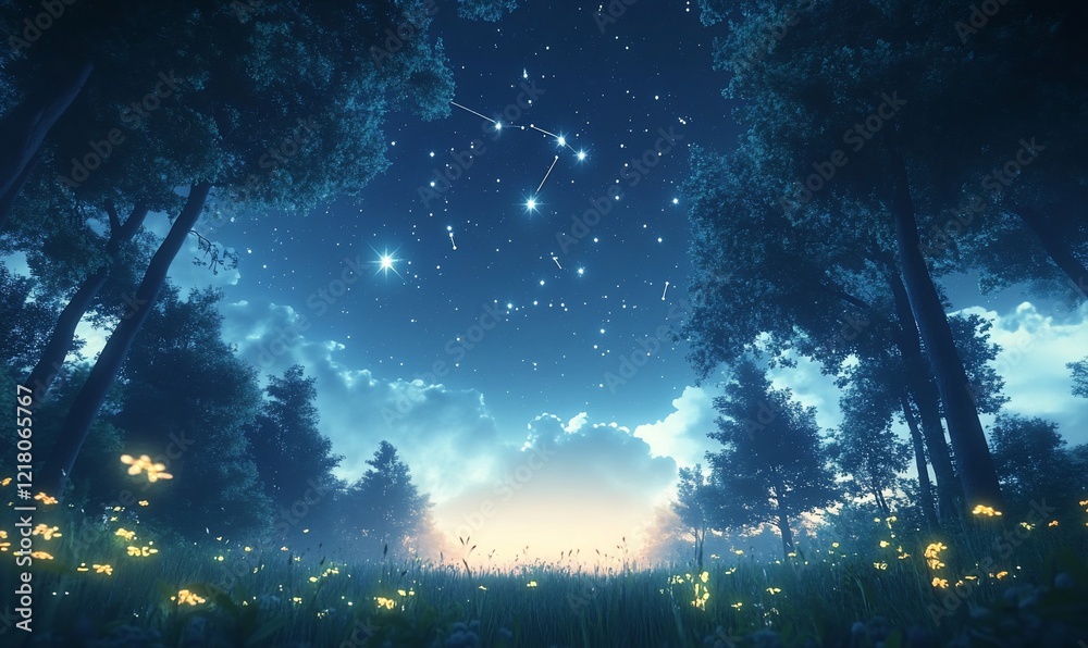 Naklejka premium Mystical forest at twilight with constellations above.