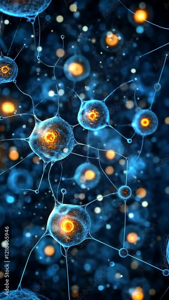Microscopic view of interconnected cells highlighting cellular structures and glowing nuclei