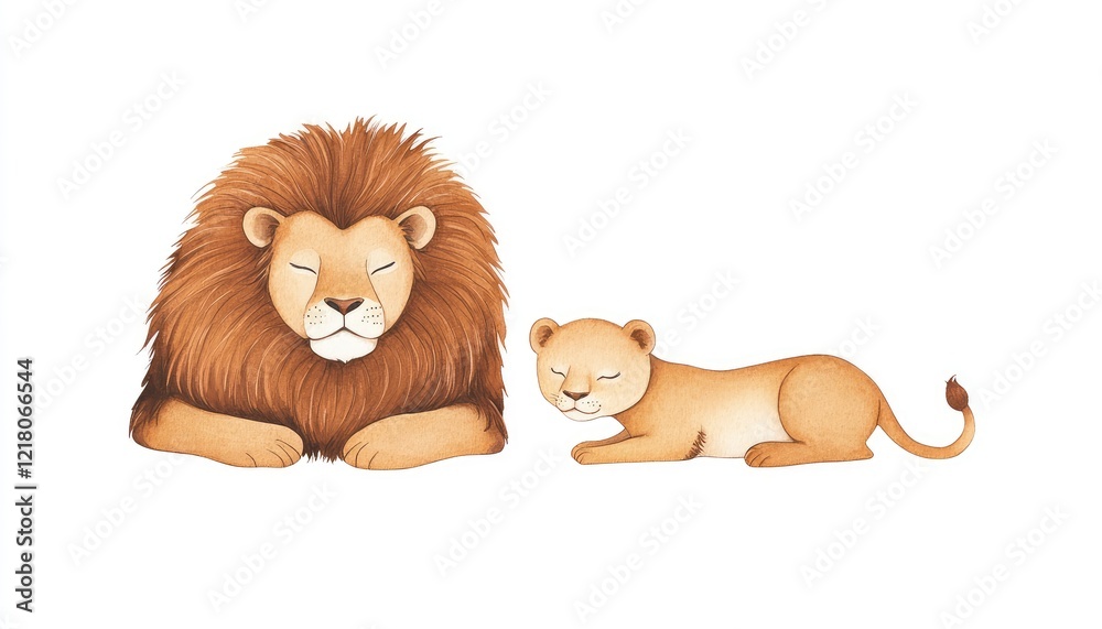 Obraz premium Illustration of a serene lion and cub resting peacefully on a plain background