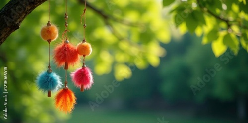 Glass furin wind chime hanging from a metal rod with natural fibers, metal rod, tree, leaves