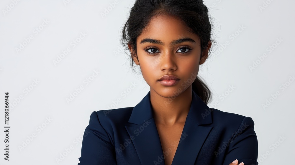 Young Woman in a Dark Blue Blazer Poses Confidently