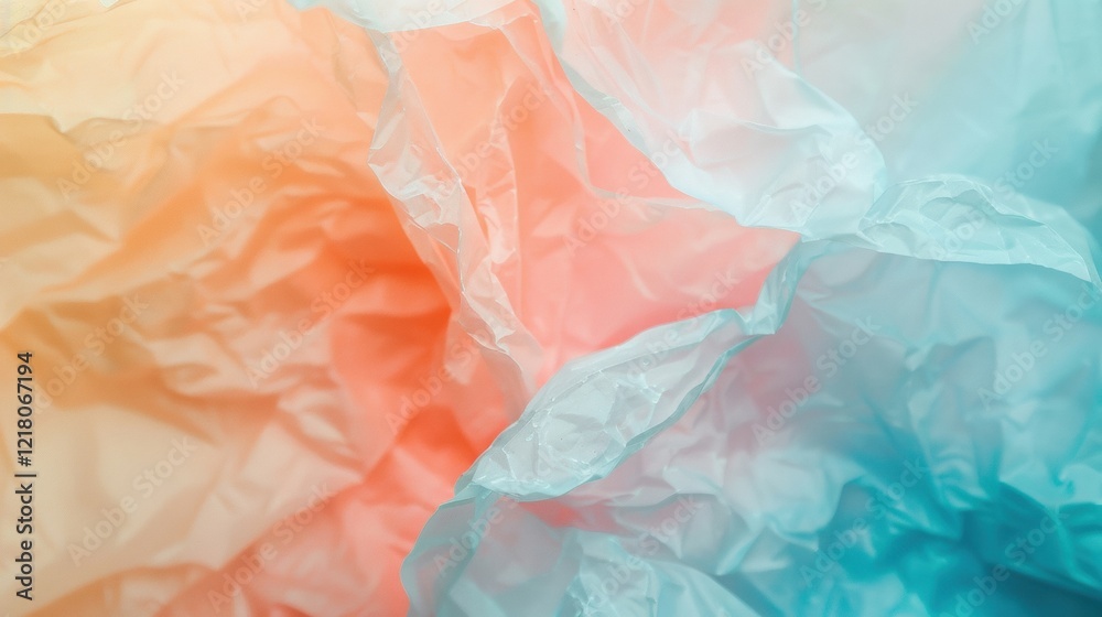 Fototapeta premium Layers of crumpled transparent plastic create a delicate interplay of soft hues, capturing light and shadow in captivating patterns