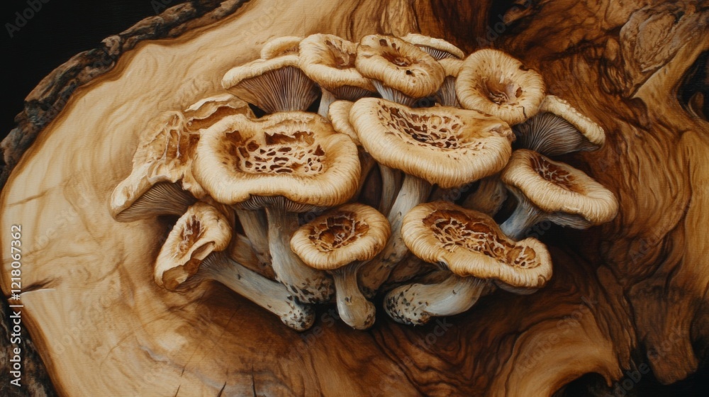 Fototapeta premium Detailed shot of a cluster of shiitake mushrooms on a wooden cutting board, emphasizing their distinctive, glossy caps and the fine details of their stems.