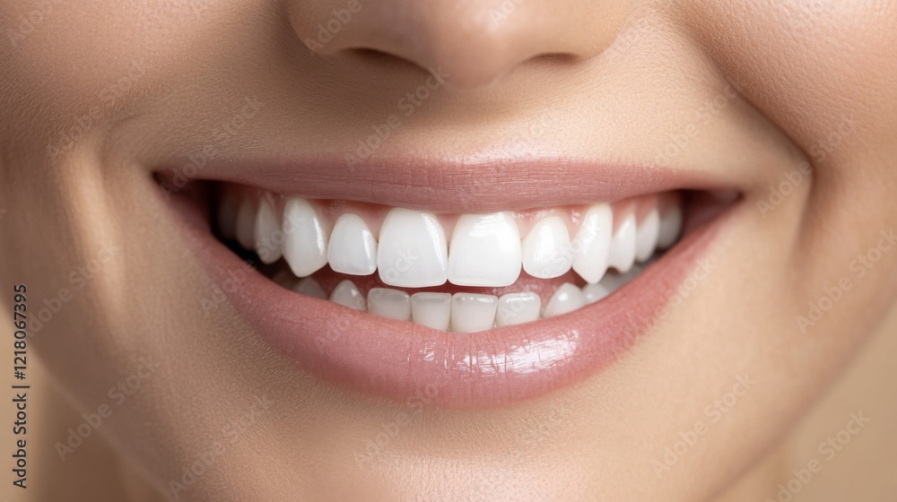Fototapeta premium Detailed shot of a confident woman with a wide, genuine smile, highlighting her pearly white teeth and the overall glow of her expression.
