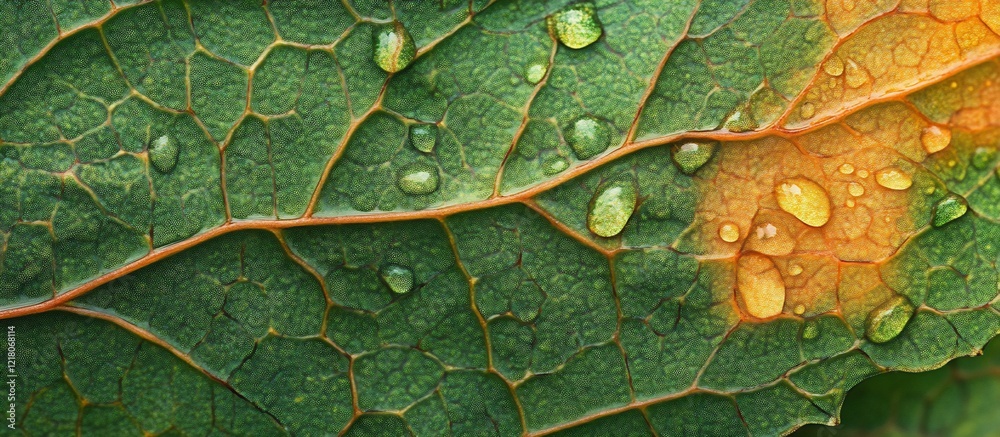 Fototapeta premium Autumn Leaf Macro Photography: Dewdrops on a Vibrant Green and Orange Leaf