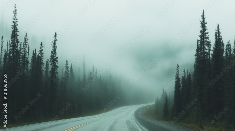 Naklejka premium A truck travels along a winding highway surrounded by fog-laden trees and a mysterious atmosphere during a cloudy day