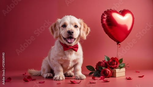  A dog wearing a red bow tie sitting beside a heart-shaped balloon. A Valentine’s gift box and roses nearby.  Cute and heartwarming holiday setting. 