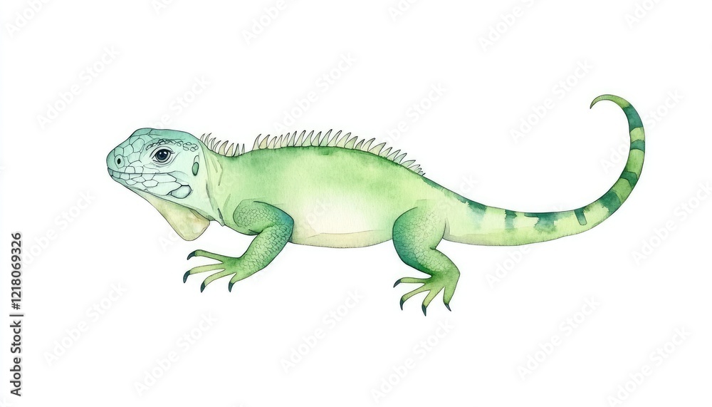 Detailed illustration of a green iguana in profile, showcasing its scales and posture against a white background Detailed illustration of a green iguana in profile, showcasing its scales and posture against a white background
