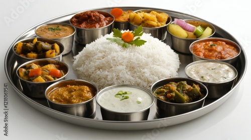 Detailed view of a traditional Indian thali, featuring a variety of small dishes including curries, rice, and pickles, arranged on a metal tray. photo