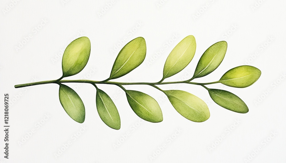 Naklejka premium A vibrant green branch with leaves displayed against a clean white background, ideal for nature-themed designs