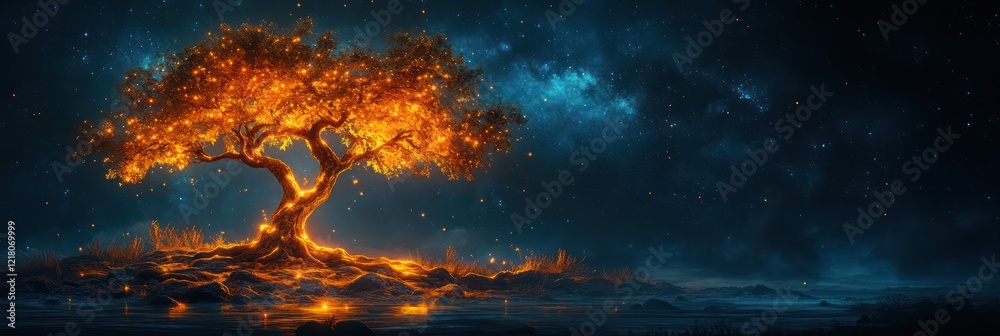 Glowing Tree of Serenity under a Starlit Night Sky