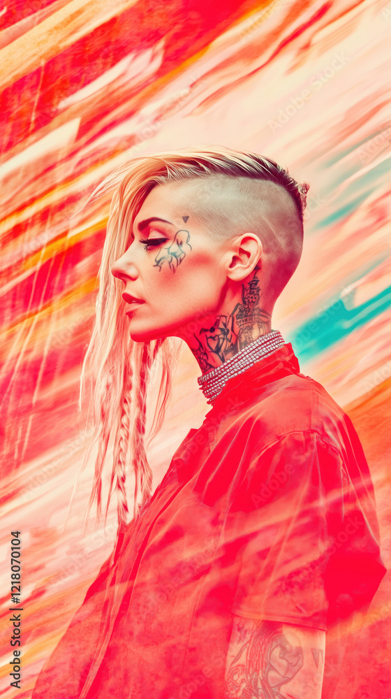 tattooed woman with edgy hairstyle, vibrant abstract background