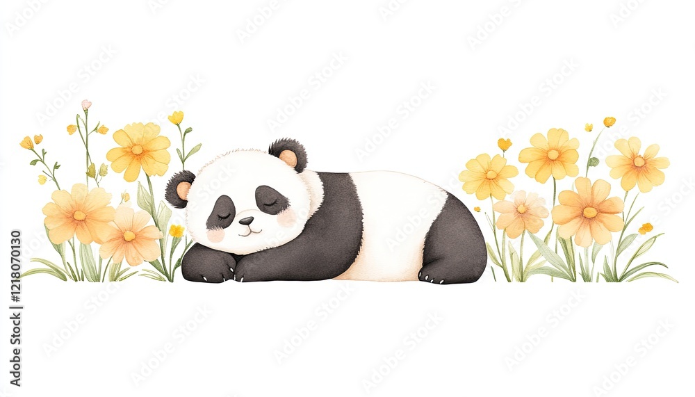Obraz premium A peaceful panda sleeping among vibrant yellow flowers in a serene landscape setting