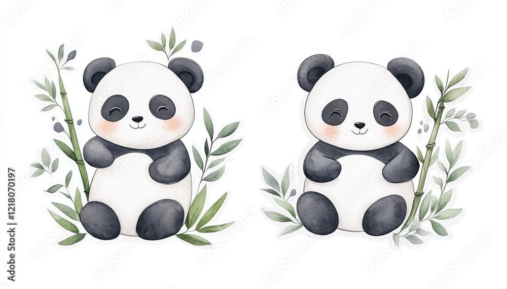 Obraz premium Two adorable panda illustrations surrounded by bamboo, showcasing their playful nature in a serene setting