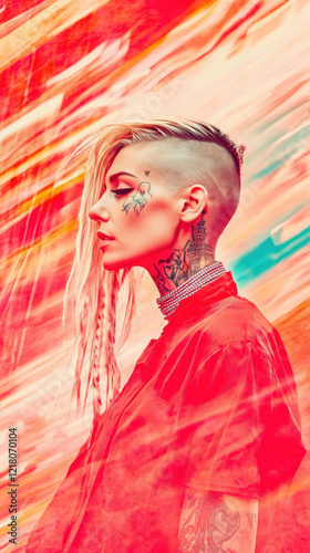 Obraz na płótnie tattooed woman with edgy hairstyle, vibrant abstract background w salonie