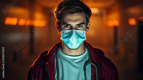 Focused Young Person Wearing a Protective Mask in a Hospital Setting photo