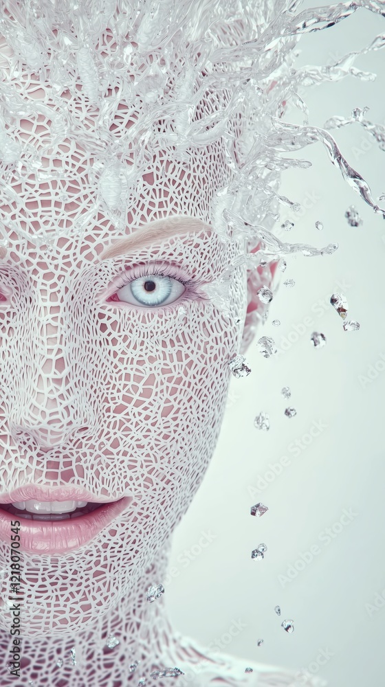 woman with intricate lace and water effects, surreal and detailed design