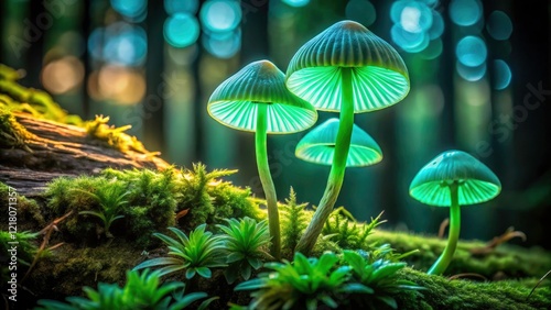 Stunning Product Photography of Mycena chlorophos Fungus - Nature's Glow with Bioluminescent Mushrooms, Macro Shot for Educational and Scientific Use photo