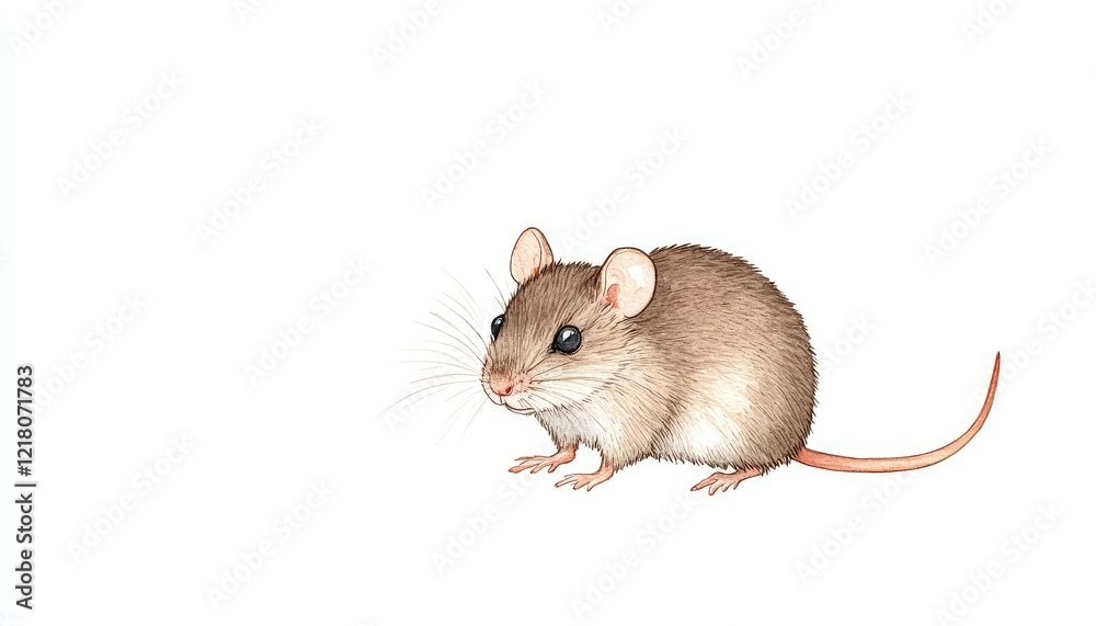 Detailed illustration of a small mouse in a neutral background, highlighting its features and posture Detailed illustration of a small mouse in a neutral background, highlighting its features and posture
