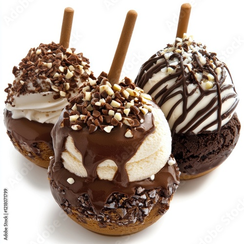 Chocolate-covered ice cream balls, dessert, studio shot, white background, sweet treat photo