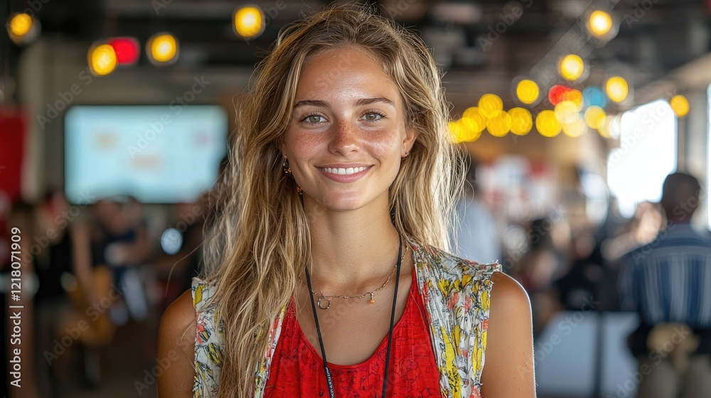 Obraz premium Young Woman Smiling Outdoors in Casual Attire