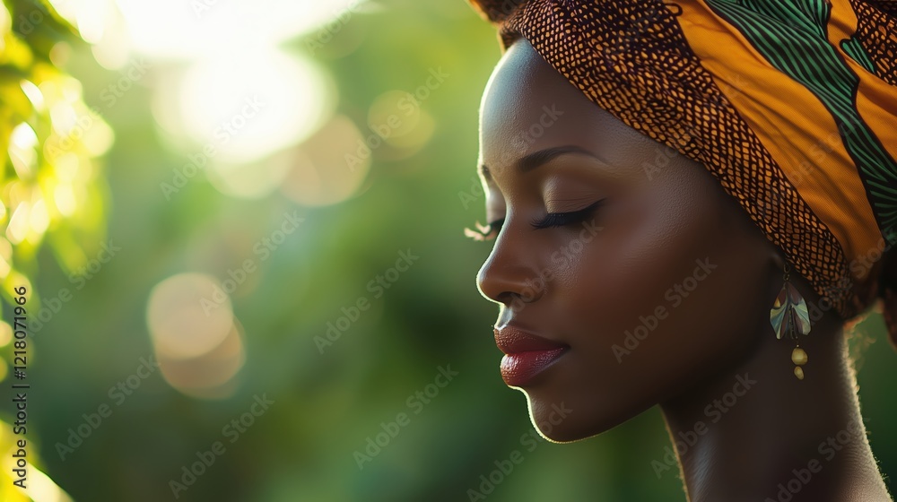 woman wearing colorful headwrap, radiant skin and captivating gaze