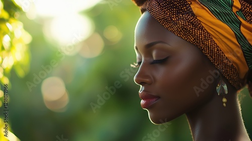 Obraz na płótnie woman wearing colorful headwrap, radiant skin and captivating gaze w salonie