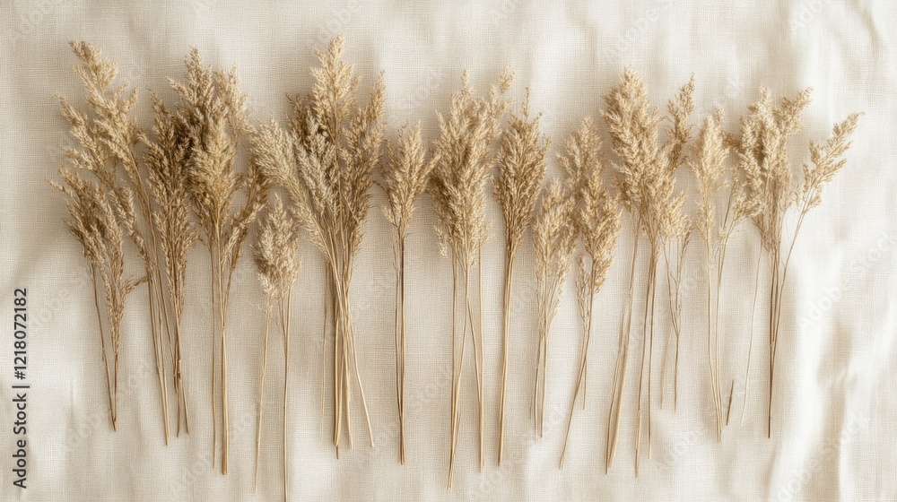 Fototapeta premium Dried Pampas Grass Arranged on Beige Fabric